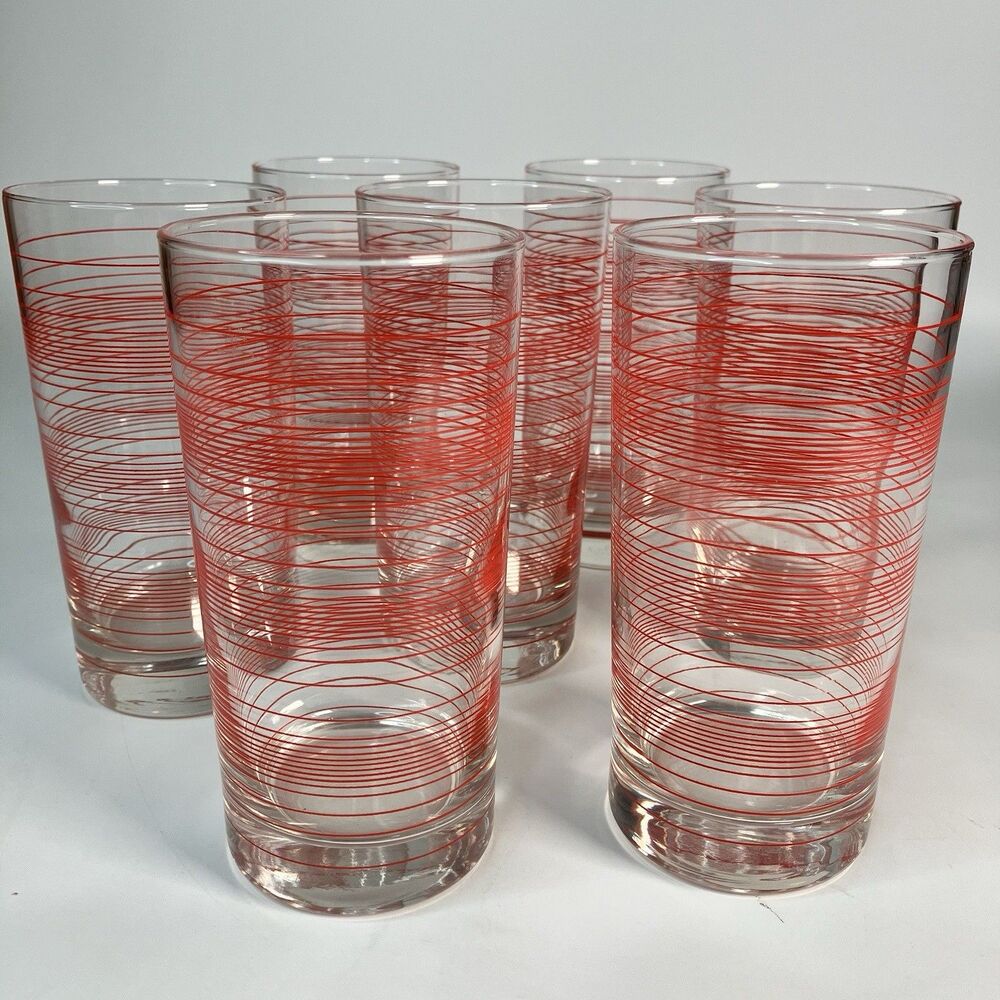 Vtg Lot of 7 Red Thread Stripe Drinking Glasses Tumblers 5.5" MCM Barware
